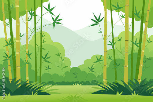 Bamboo forest, tropical jungle branches, bamboo grove with tropical forest background and exotic plant leaves. Vector illustration of bamboo thicket.