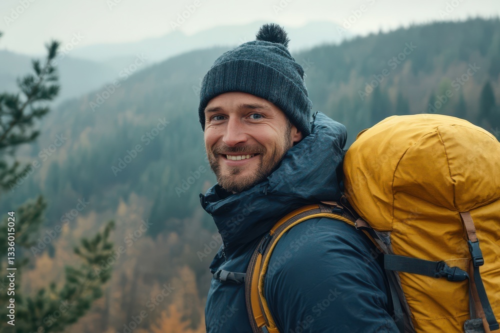 Happy hiker smiling in mountains with backpack, Happy hiker smiling in mountains with backpack,