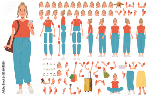 Constructor of character cute active girl in casual clothes. Young woman, influencer, traveler and blogger. Set of hands legs body and head positions for creating animation