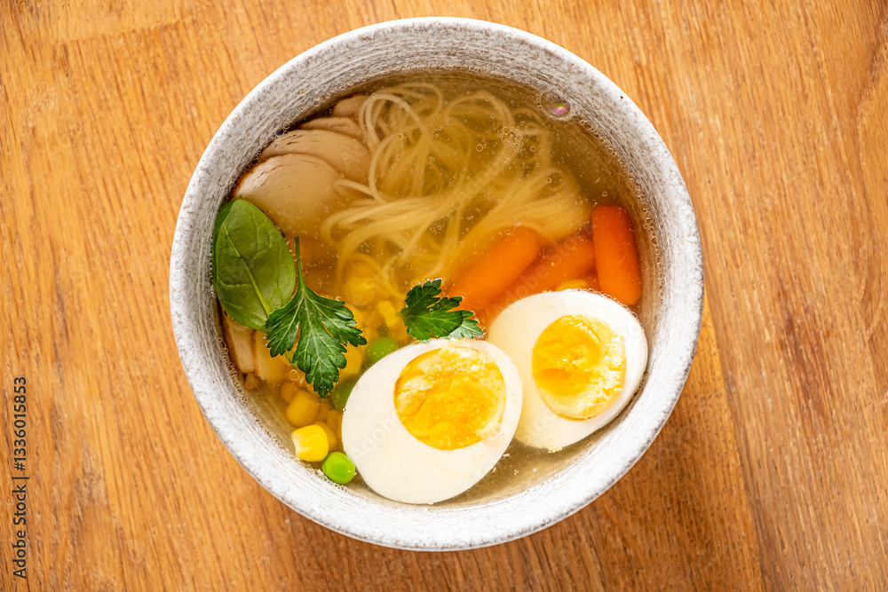 A delightful bowl of steaming noodle soup features soft-boiled eggs, carrots, and herbs A delightful bowl of steaming noodle soup features soft-boiled eggs, carrots, and herbs