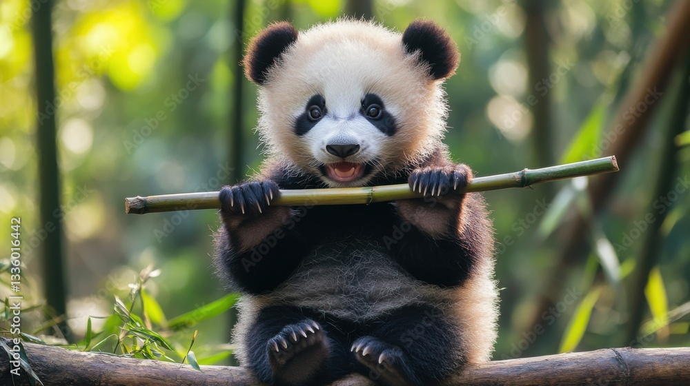 Fototapeta premium Cute Panda Cub Sitting with Bamboo in Lush Green Environment