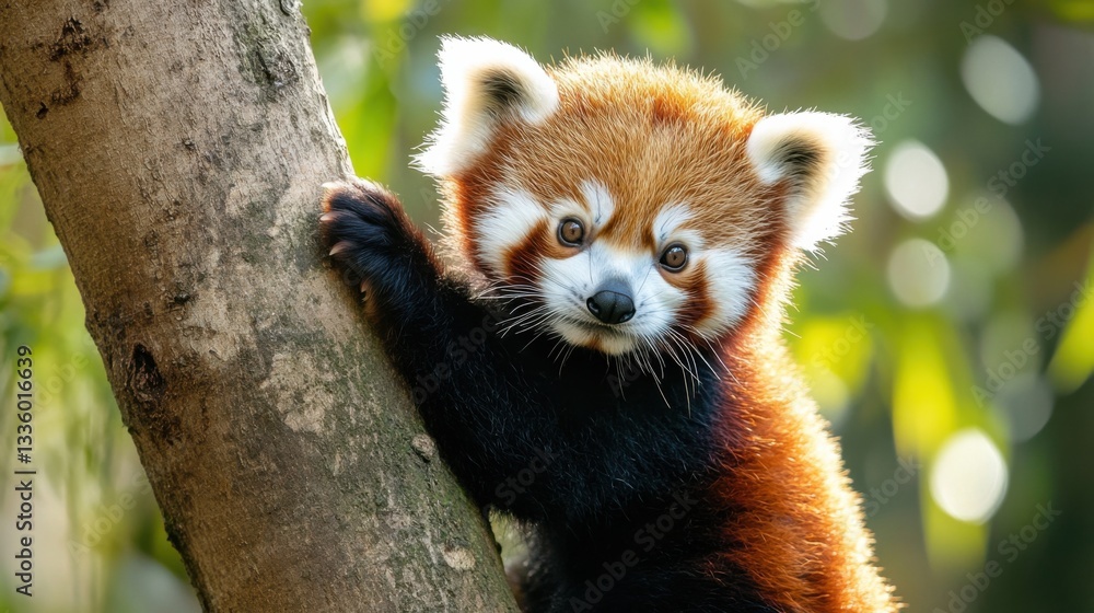 Fototapeta premium Cute Red Panda Climbing a Tree with Soft Focus Background