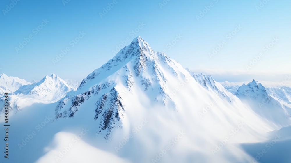 Majestic snow-covered mountain, towering peak with bright blue sky, serene and tranquil atmosphere, ideal for nature themes. Majestic snow-covered mountain, towering peak with bright blue sky, serene and tranquil atmosphere, ideal for nature themes.