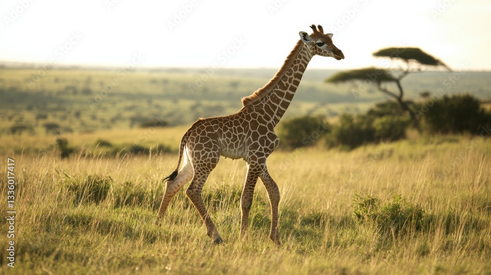 Obraz premium Giraffe Walking Gracefully in African Savannah at Sunrise
