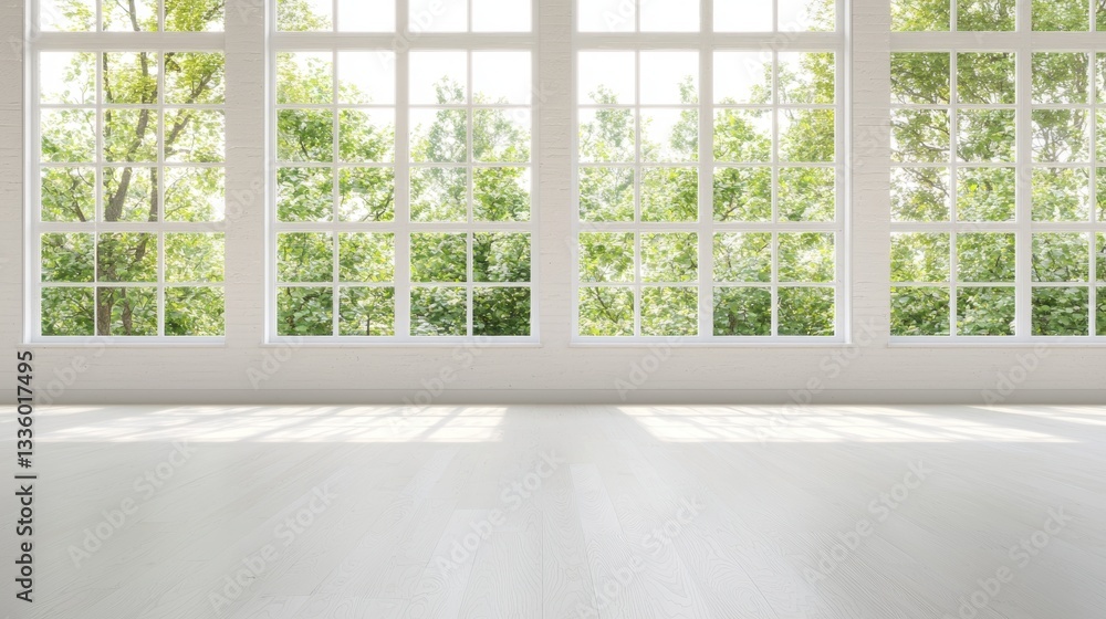 Fototapeta premium A white room with a large window and a view of trees outside.