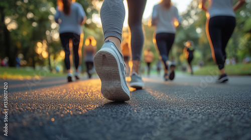 closeup of leg of people exercising walking or jogging in public park garden. Health and fitness  concept