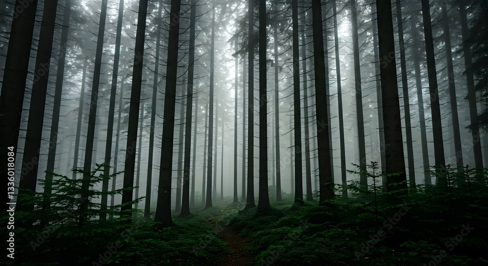 Fototapeta premium A dense foggy forest with ethereal light filtering through the trees.AI