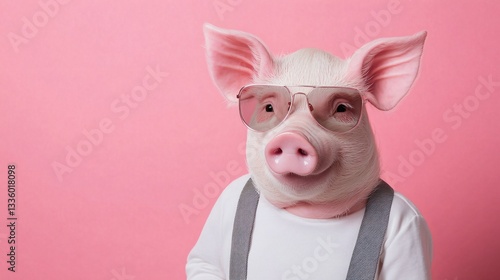 Playful pig with sunglasses, cheerful animal in a costume, fun and quirky atmosphere perfect for whimsical themes.