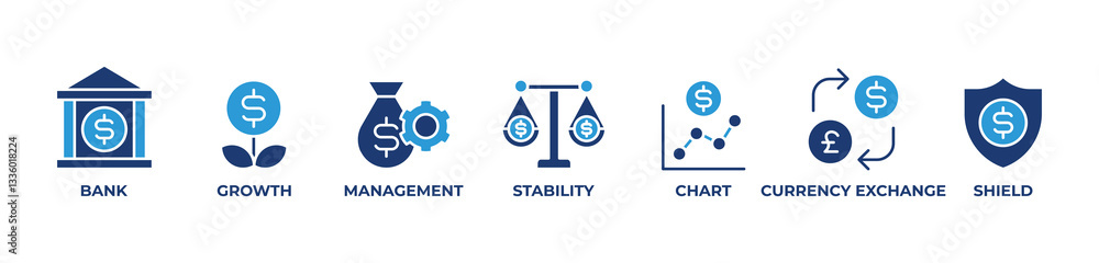 Banking on Growth Icons set vector illustration with Bank , Growth, Management, Stability, Chart, Currency exchange, Shield Banking on Growth Icons set vector illustration with Bank , Growth, Management, Stability, Chart, Currency exchange, Shield