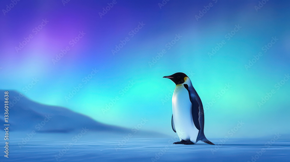 Obraz premium Beautiful Emperor Penguin Under Colorful Aurora Borealis in Frozen Arctic Landscape