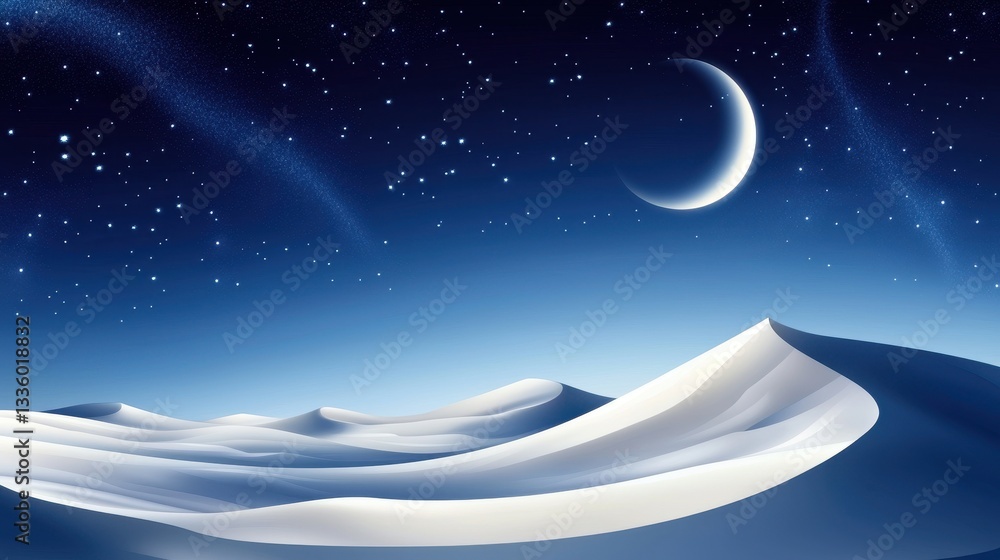 Serene Night in the Desert: Crescent Moon and Starry Sky Over White Sand Dunes Serene Night in the Desert: Crescent Moon and Starry Sky Over White Sand Dunes