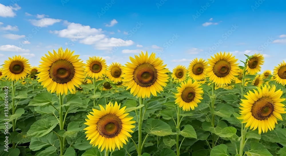 Fototapeta premium A field of sunflowers under a bright, clear sky during the day