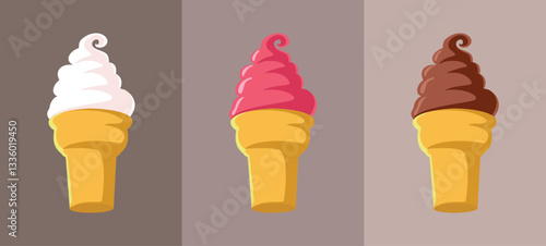 Vanilla, Chocolate and Strawberry Ice Cream Vector Illustration. Different tasty flavors of classical ice-cream for summertime 
