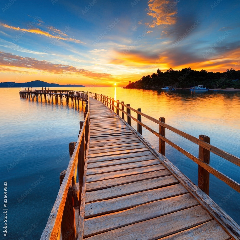 Serene Sunset Over Tropical Ocean With Wooden Pier Serene Sunset Over Tropical Ocean With Wooden Pier