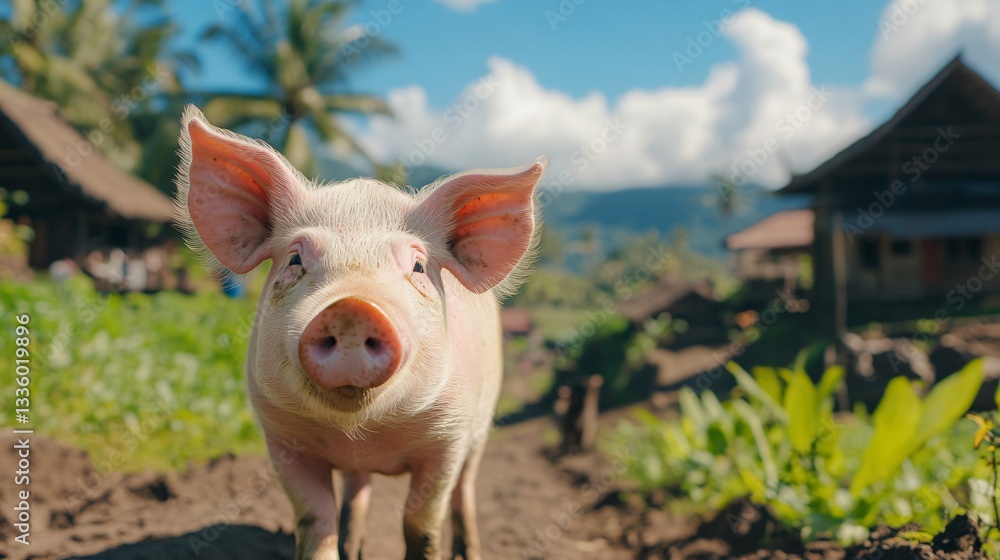 Curious pig in vibrant farm setting, pink piglet exploring lush greenery, invoking rural charm and serene nature vibes. Curious pig in vibrant farm setting, pink piglet exploring lush greenery, invoking rural charm and serene nature vibes.