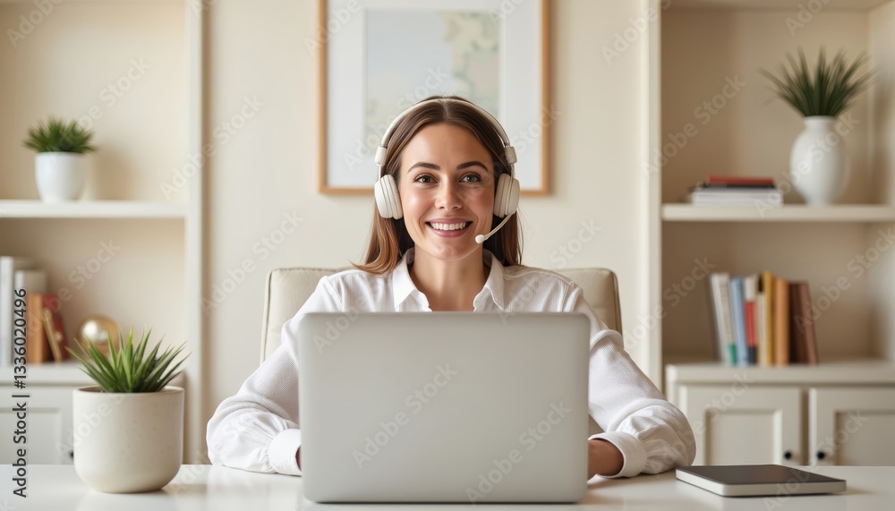 Smiling woman with headset working on laptop at home office. Smiling woman with headset working on laptop at home office.