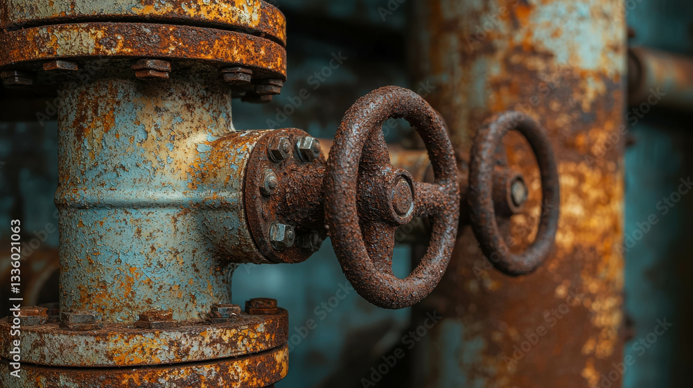 Rusted Industrial Valve on Weathered Pipe Surfaces in an Abandoned Facility Setting Rusted Industrial Valve on Weathered Pipe Surfaces in an Abandoned Facility Setting