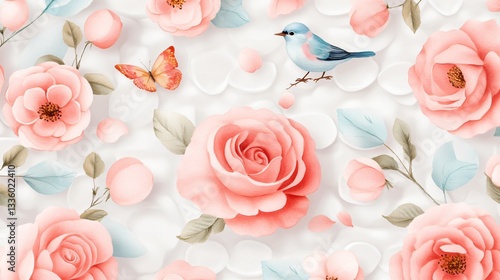 Soft floral pattern featuring pink roses, delicate leaves on a light background, perfect for wrapping paper or invitations.