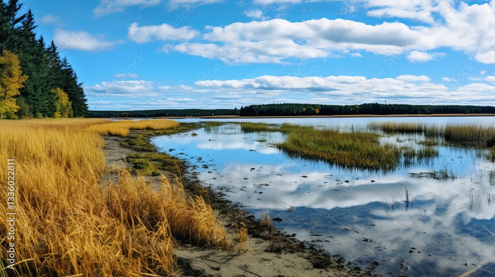 Fototapeta premium Serene lake scene with marsh plants and reflective gray clouds in the tranquil waters