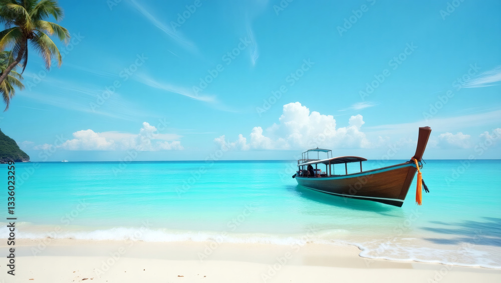 a traditional boat floating on the tranquil turquoise waters of a tropical beach, with palm trees and blue skies a traditional boat floating on the tranquil turquoise waters of a tropical beach, with palm trees and blue skies