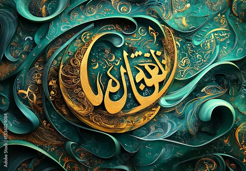 Elegant Gold Arabic Calligraphy Teal Swirls Design Art Image Style Green Luxury Ornate Floral Modern