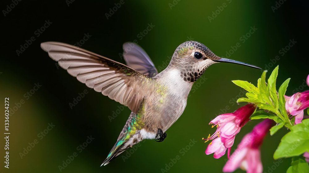 Obraz premium Vibrant Hummingbird Feeding on Delicate Pink Flower Amidst Lush Green Background