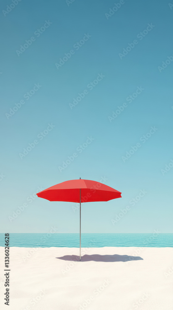 red beach umbrella stands alone on pristine white sand under a vast blue sky, evoking feelings of relaxation, summer, and serenity with a minimalist, artistic composition red beach umbrella stands alone on pristine white sand under a vast blue sky, evoking feelings of relaxation, summer, and serenity with a minimalist, artistic composition
