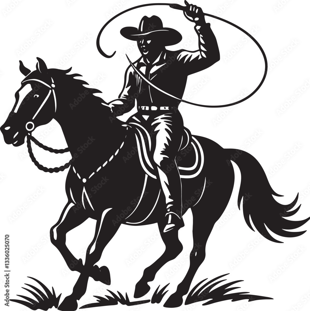 Naklejka premium Cowboy Riding Horse Silhouette Vector Illustration White Background
