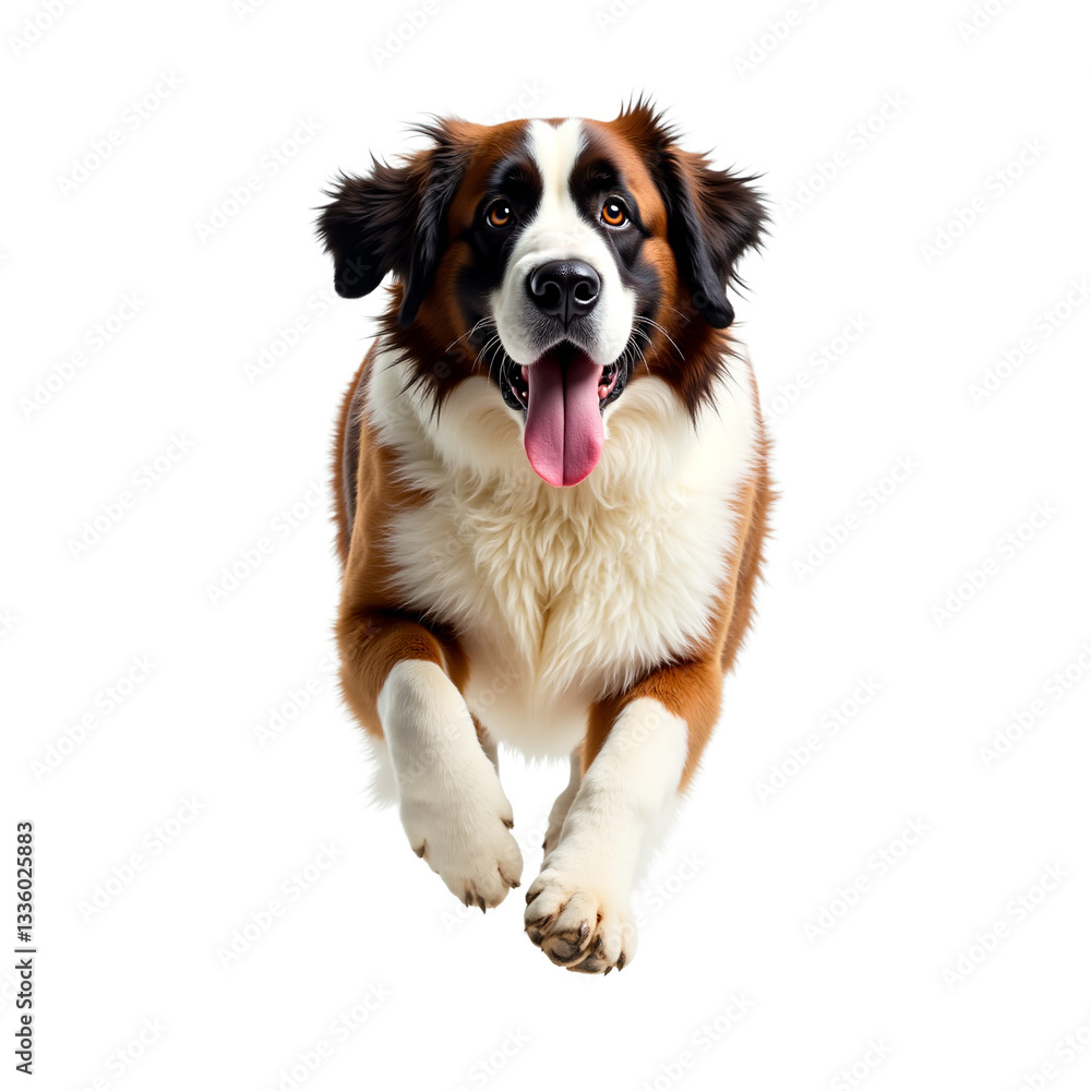 Happy Saint Bernard dog running towards camera. Isolated on transparent background. Perfect for pet ads, cheerful designs, and animal-themed projects. Brown, white, and black dog photo. Happy Saint Bernard dog running towards camera. Isolated on transparent background. Perfect for pet ads, cheerful designs, and animal-themed projects. Brown, white, and black dog photo.