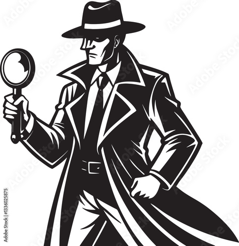 Detective with Magnifying Glass Silhouette Vector Illustration White Background