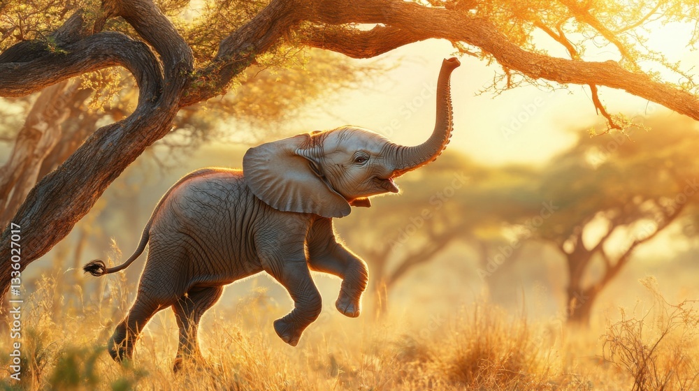 Fototapeta premium Playful Baby Elephant Dancing Joyfully Under Golden Sunset Light