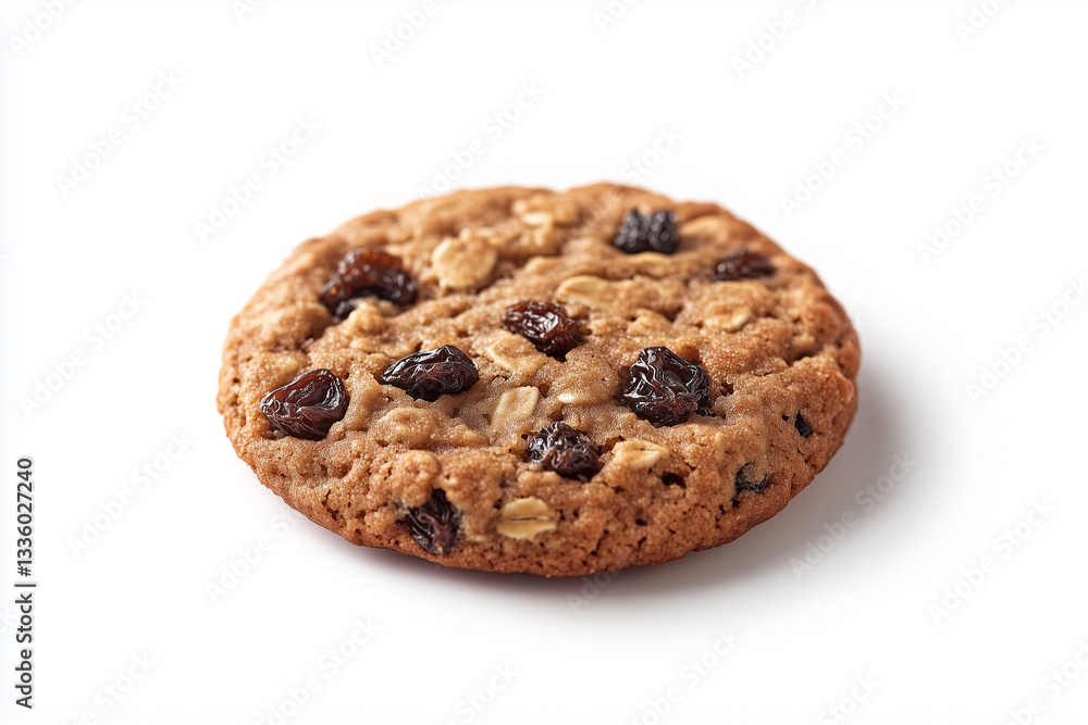 Realistic image of an oatmeal raisin cookie focusing on detail and color. Realistic image of an oatmeal raisin cookie focusing on detail and color.