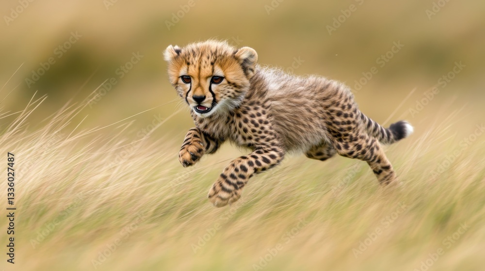 Obraz premium Playful Cheetah Cub Running Through Golden Grass Field in Nature