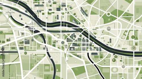 Minimalist geometric city map design featuring roads and areas in gray, green, and white tones