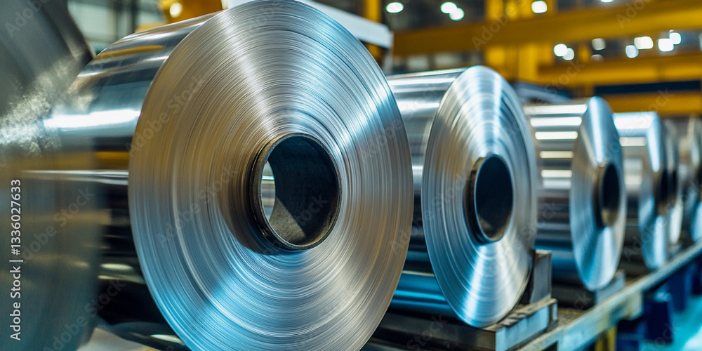 Fototapeta premium Modern aluminum coils ready for industrial use in factory Generative AI