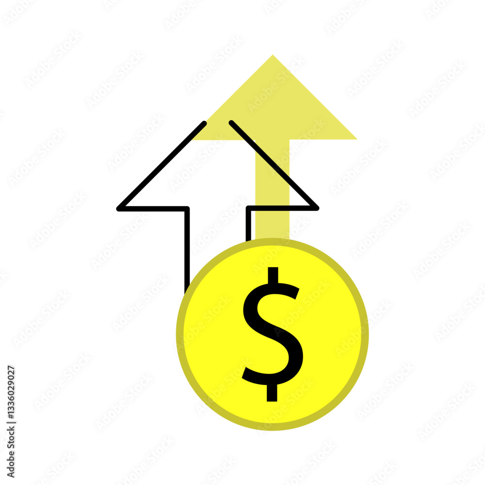 A minimalist illustration featuring an upward arrow combined with a yellow dollar coin symbol. It depicts financial growth, increasing profits, investment success, and positive economic trends. A minimalist illustration featuring an upward arrow combined with a yellow dollar coin symbol. It depicts financial growth, increasing profits, investment success, and positive economic trends.