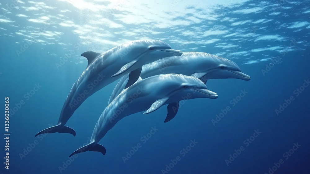 Naklejka premium Dolphins swimming gracefully, playful marine mammals diving together in clear blue ocean water, inviting a sense of freedom.