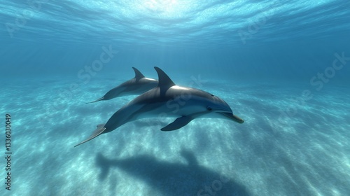 Wallpaper Mural Dolphins swimming gracefully, playful marine mammals gliding through clear turquoise waters, peaceful ocean atmosphere. Torontodigital.ca