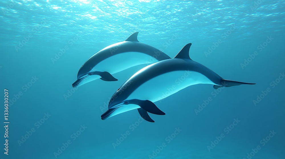 Fototapeta premium Two playful dolphins swimming gracefully, aquatic scene capturing marine life, vibrant blue water, perfect for ocean themes.