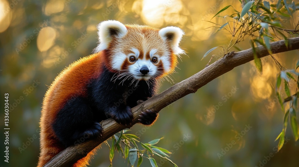 Naklejka premium Playful Red Panda Relaxing on Branch in Natural Setting