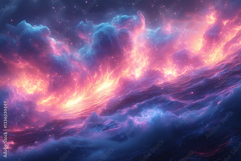 Fototapeta premium Ethereal Nebula with Glowing Pink, Blue, and Violet Hues, Soft Light Trails Flowing and Converging in Cosmic Patterns Resembling an Ancient Incantation