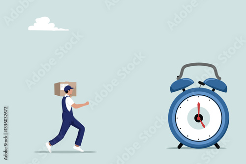 Delivery man with photocopy room delivering goods, hands holding cardboard boxes. Courier delivers packages to customers running against time to quickly reach the ordered.
