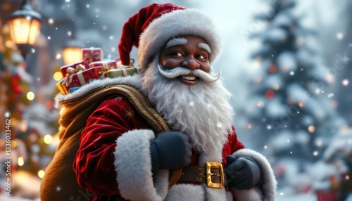 Joyful Black Santa Claus with Gifts Christmas Image