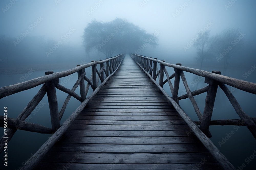 Fototapeta premium Stunning long exposure of a bamboo bridge over a misty lake in blue and grey tones