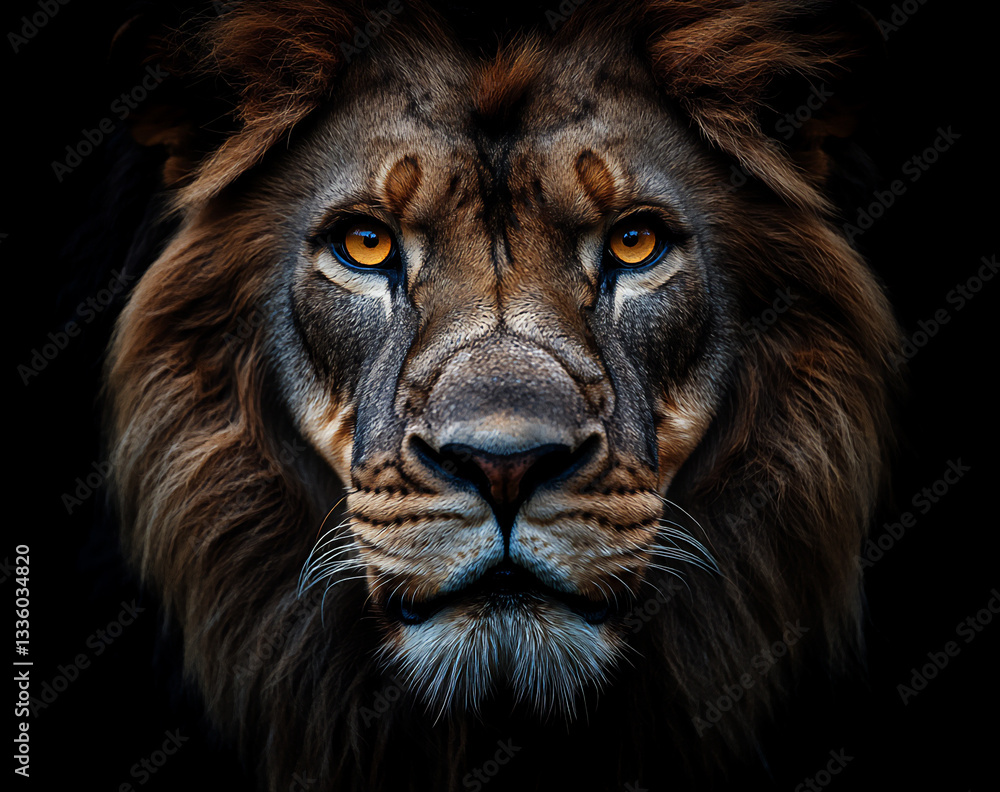 Fototapeta premium a majestic lion, its eyes glowing in the darkness,