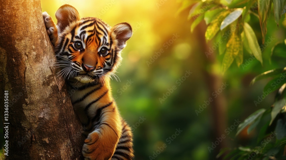 Obraz premium Young Tiger Climbing Tree in Lush Green Jungle Habitat