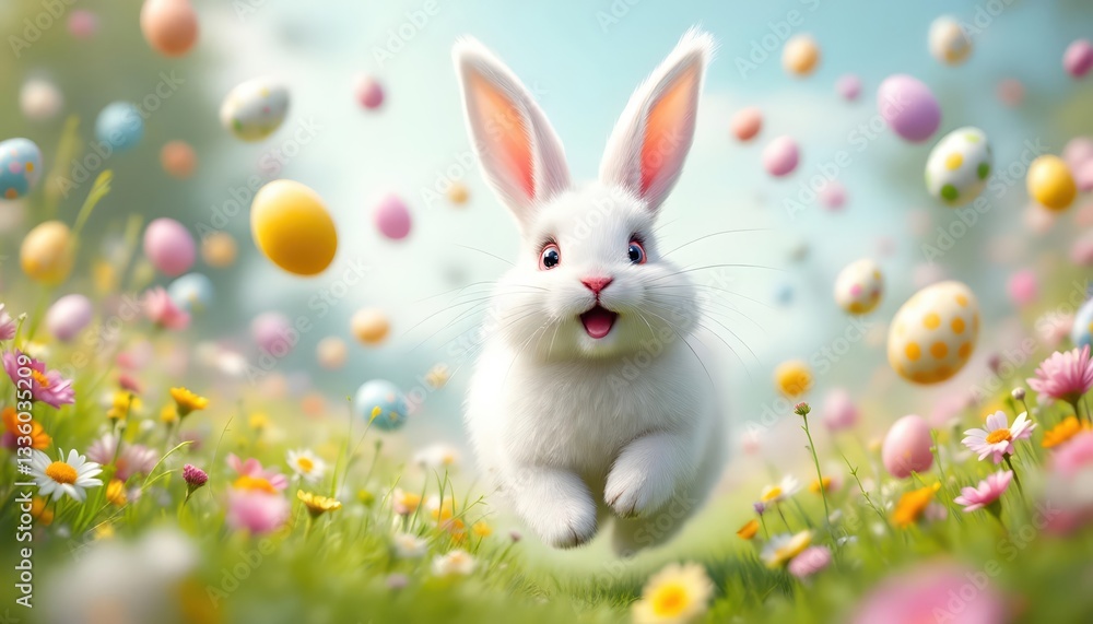 Fototapeta premium Happy Easter Bunny Hopping Through Spring Flowers and Eggs