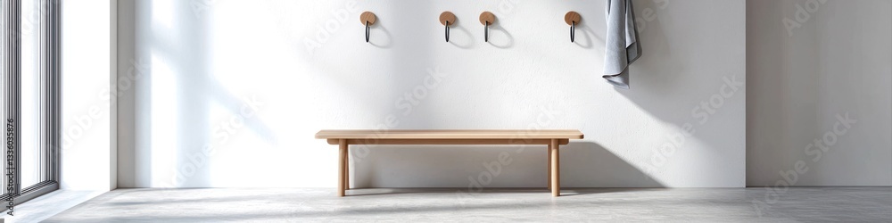 Minimalist entryway with a simple bench and wall hooks.
