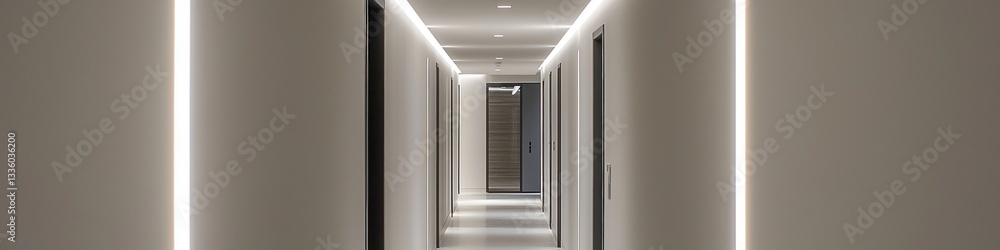 Minimalist hallway with recessed lighting and clean white walls.