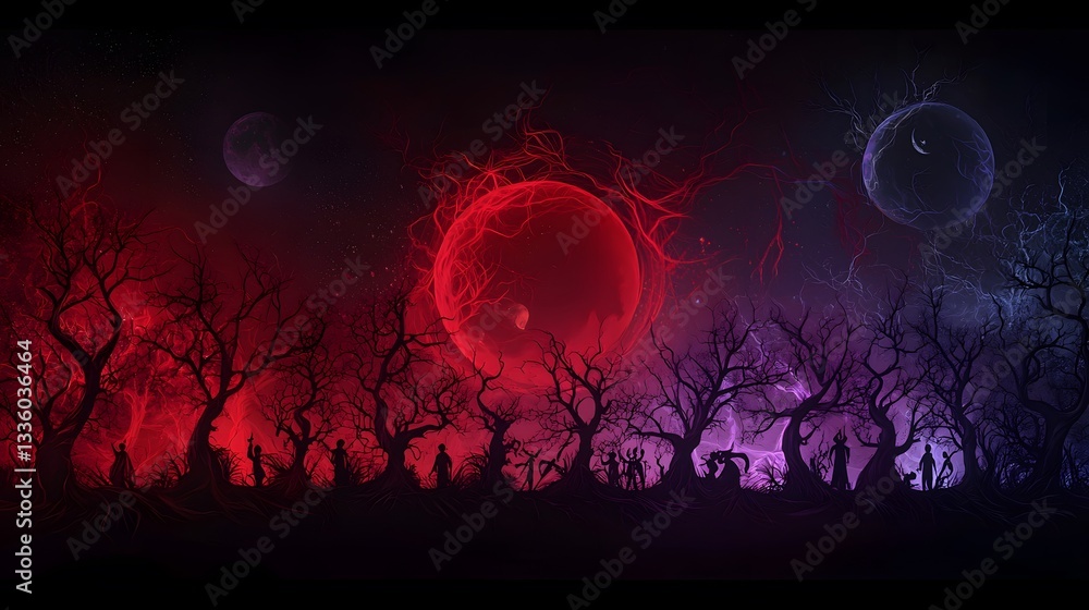 Obraz premium a surreal red moon eclipse over a purple landscape